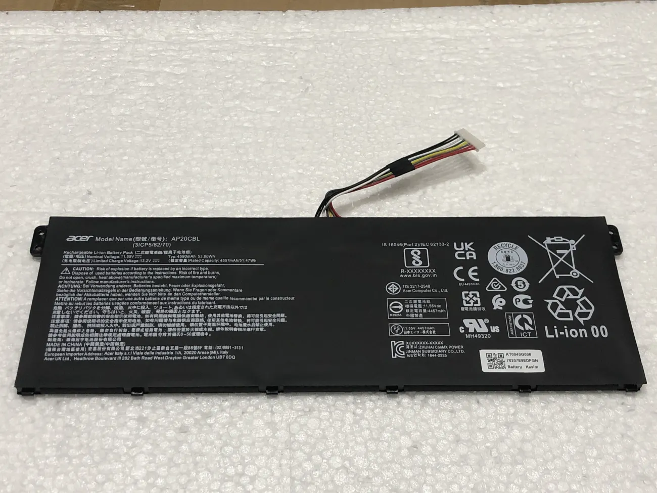 PIN ACER A515-45 AP20CBL (ZIN) 3 CELL - Acer Aspire 5 A515-45, A515-46, A515-56, Aspire 7 A715-43, Swift 3 SF314-43, SF314-511, Vero AV15-51, TravelMate Spin B3 B311RNA-32, TMP214-41-G3, AP20CBL mặt trước