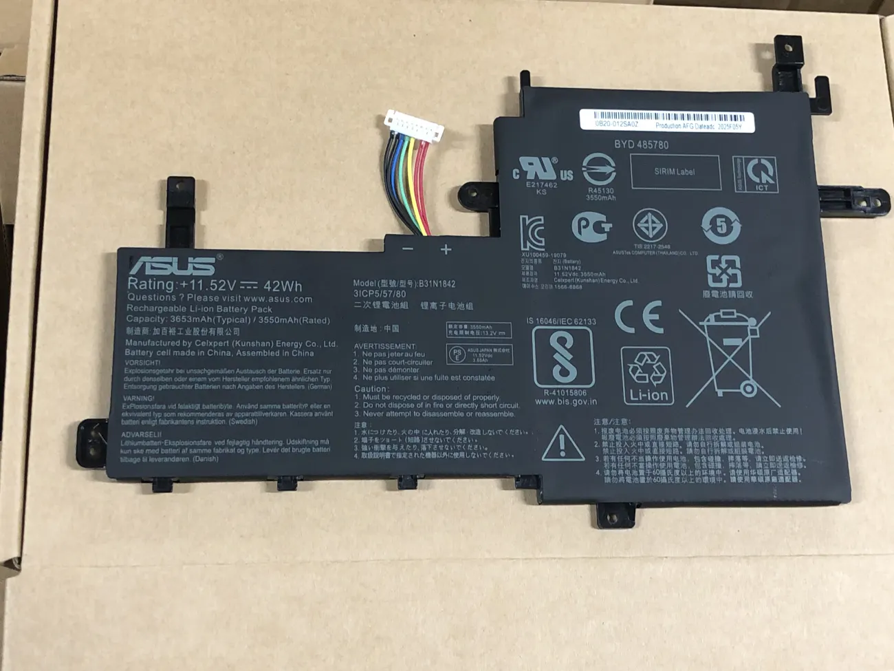 PIN ASUS S531 B31N1842 (ZIN) - 3 CELL - Asus VivoBook S15 S513 S531 D513 F513 M513 K513 K531 X513 X53, Asus Vivobook A515 A515E A515EA, B31N1842 mặt trước