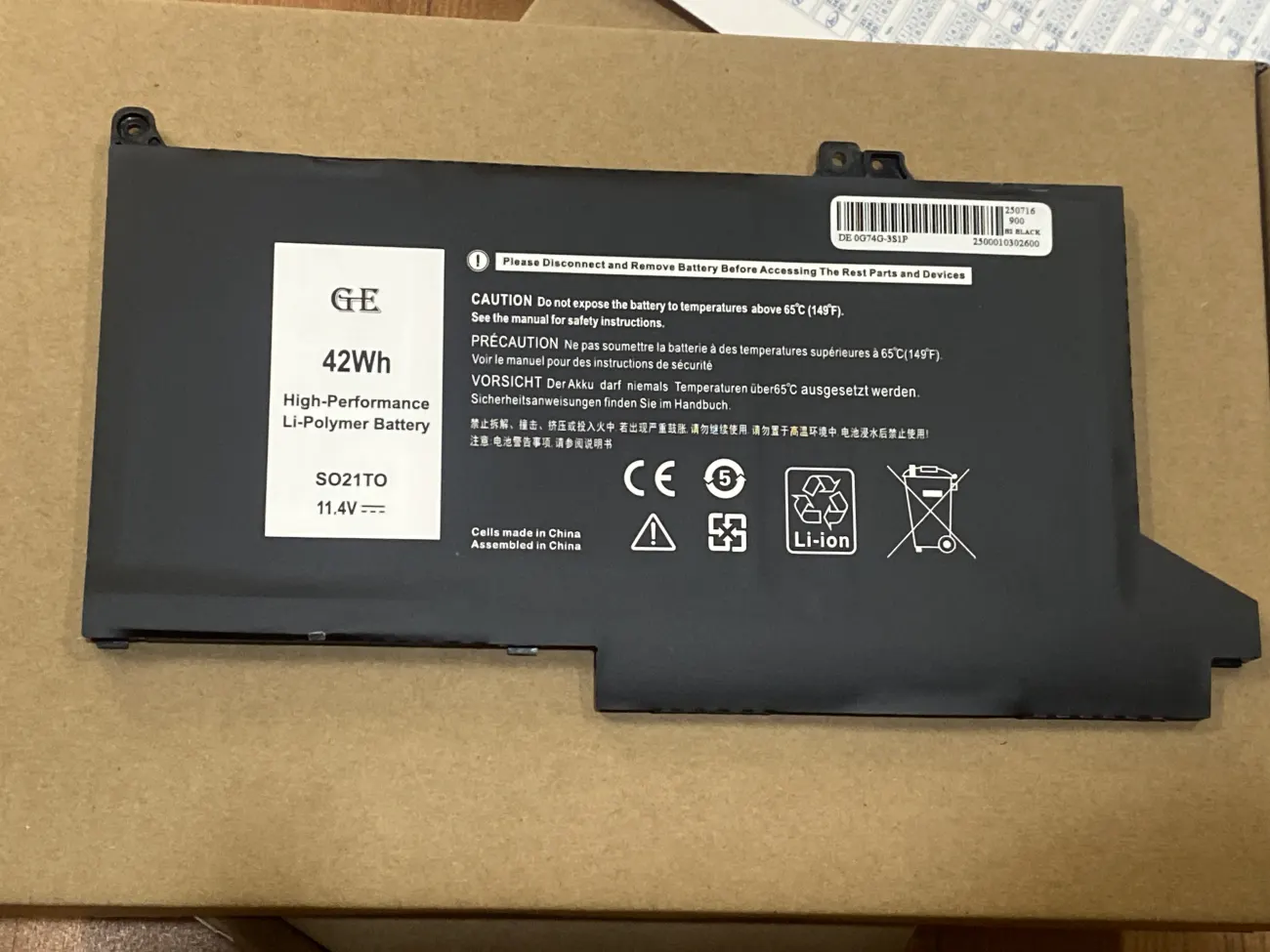 PIN DELL LATITUDE 7400 42WH 0G74G (OEM) - 4 CELL *KO KÉN WH* - Dell Latitude 5300 7300 7400, 0G74G mặt trước