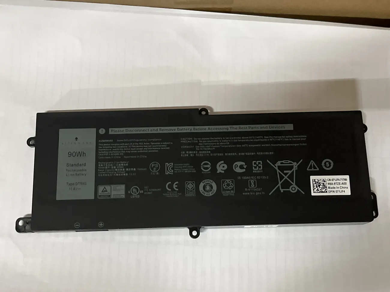 Pin DELL ALIENWARE AREA-M51M 90WH (ZIN) - 6 CELL - Alienware Area-51m, 7PWKV DT9XG mặt trước