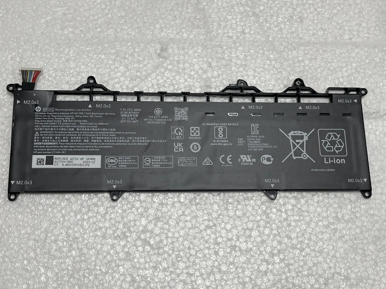 PIN HP ELITE DRAGONFLY G1 G2 EP02XL (ZIN) - 2 CELL - HP Elite Dragonfly G1, G2. Mã Part: EP02XL, EP02038XL, HSTNN‑DB9L, 7UT44AV, L71690‑2B1, L71760‑005 mặt trước