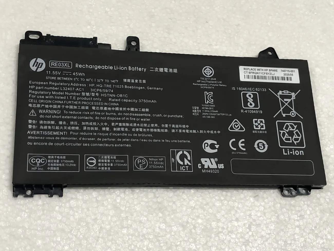 PIN HP 440 G6 RE03XL (ZIN) - 3 CELL - Probook 430 G6, 430 G7, 440 G6, 445 G6, 440 G7, 450 G6, 450 G7, RE03XL mặt trước