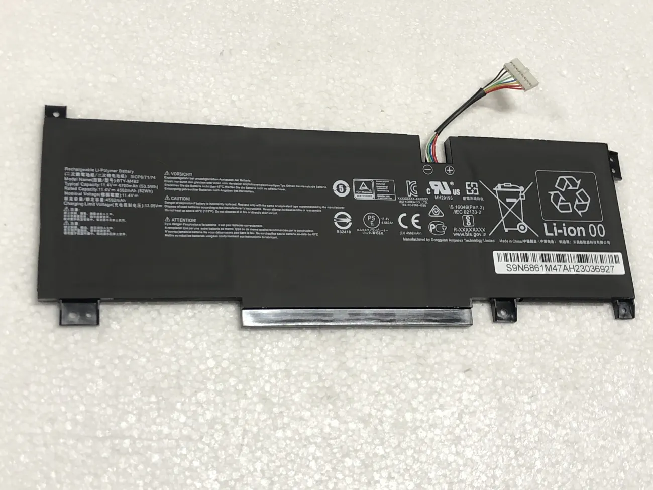 PIN MSI GL66 BTY-M492 (ZIN) - 3 CELL - MSI Pulse GL66 GL76, MSI Katana GF66, MSI Sword 15 A11UD A11UE mặt trước